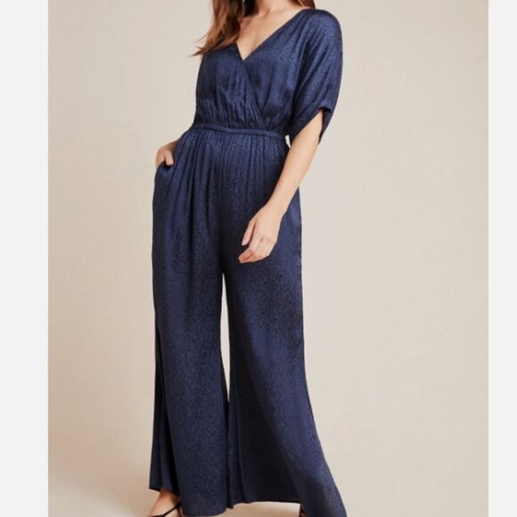 Anthropologie Pants - Maeve Anthropologie Jacqueline Jacquard Jumpsuit Blue Animal Print Wide Leg M